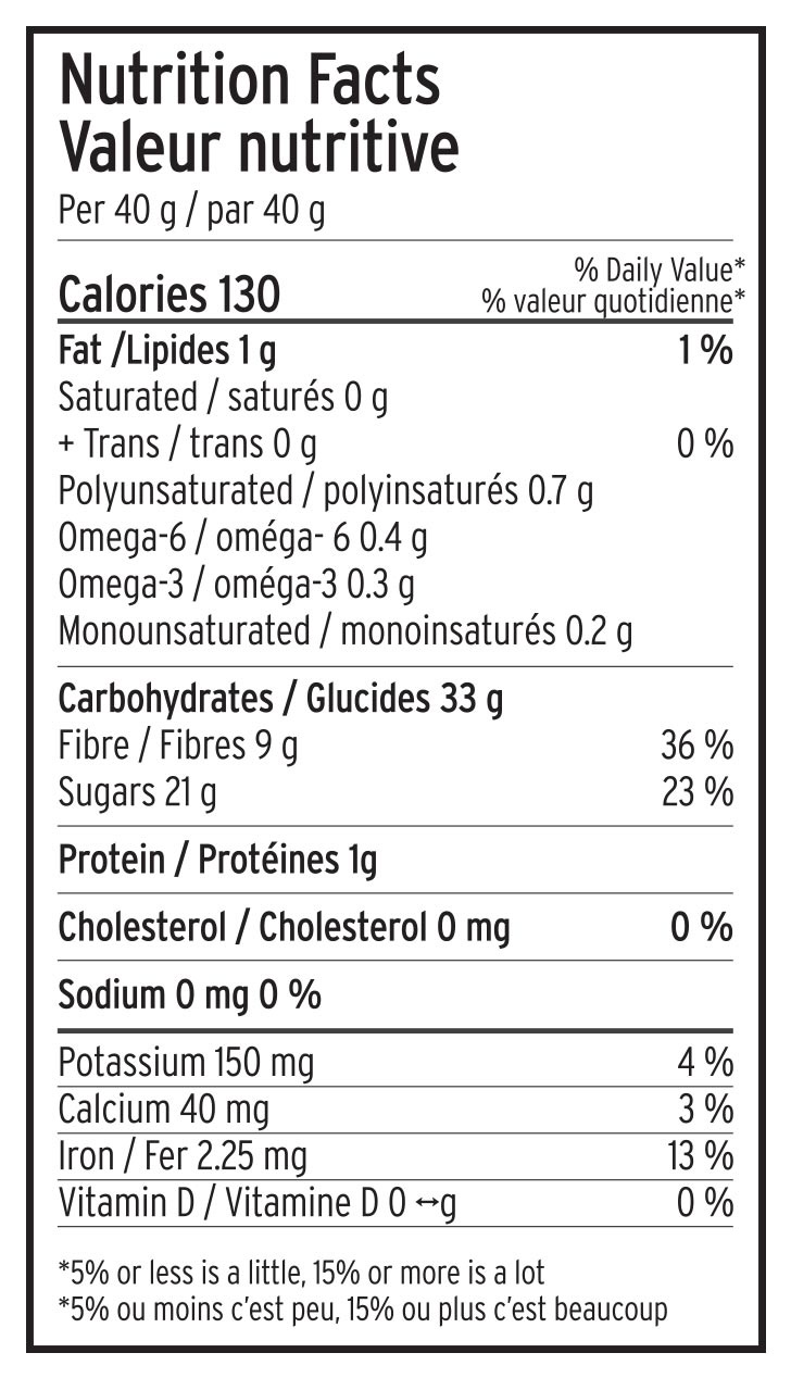 Wild Blueberry Powder - Nutrition Label